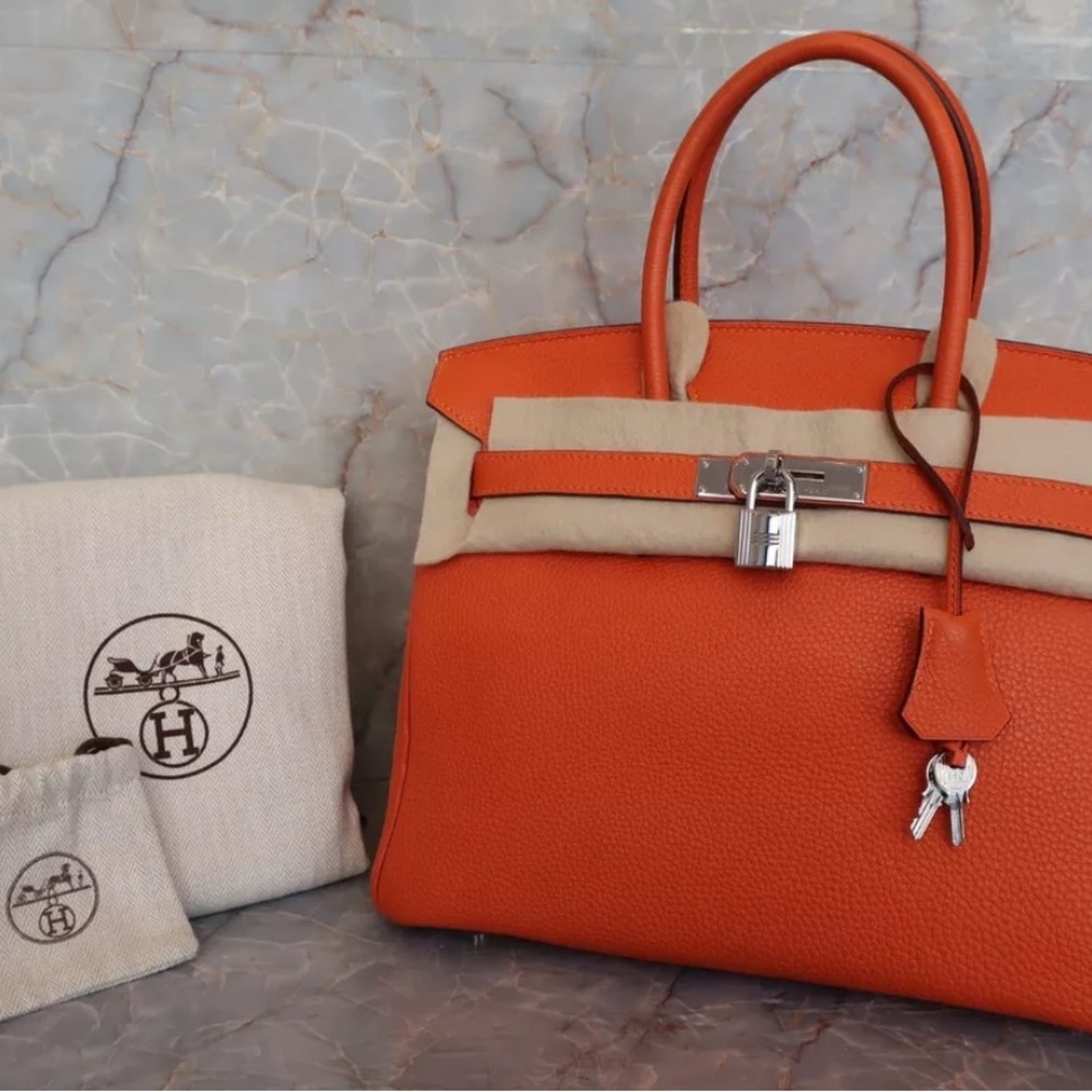 HERMES Birkin 30 Taurillon Clemence Hand Bag Orange Square L (2008)